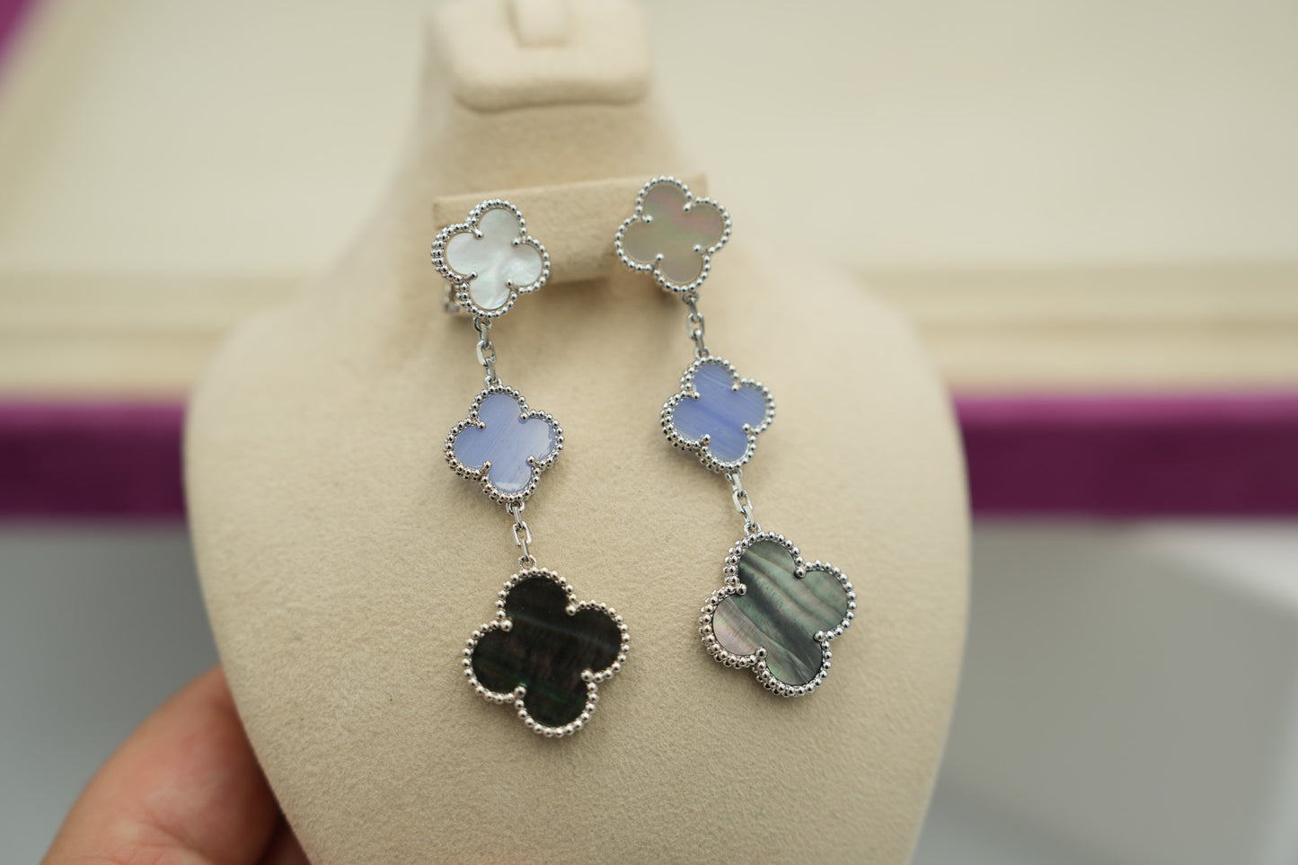 Mother of pearl & Chalcedony clover earrings 925 silver 18k white gold plated